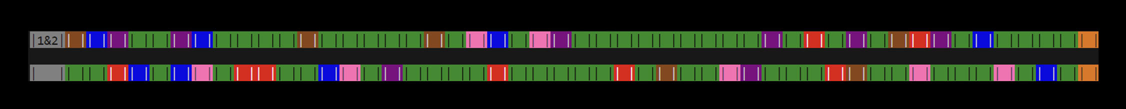 various colors in two rows on a black background. each color tile is represented by vertical-bar, space, and another vertical-bar.