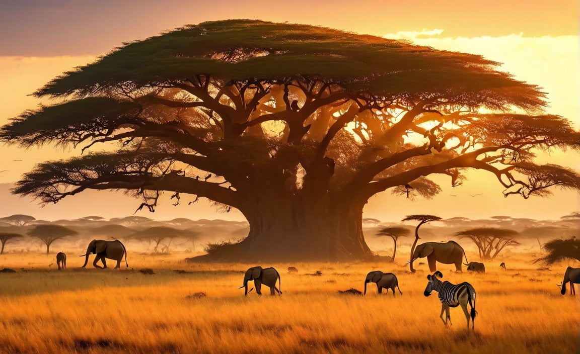 animated image of a large tree with many elephants and zebras and a bright sunset in the distance