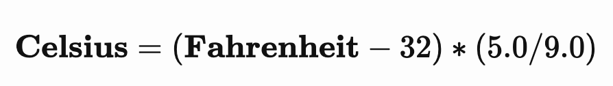 Celcius is equal to fahrenheit minus thirty-two quantity times quantity five over nine