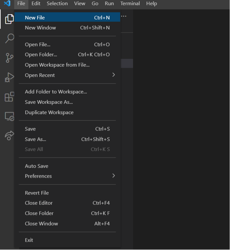 file option expanded, first option New File highighted in blue