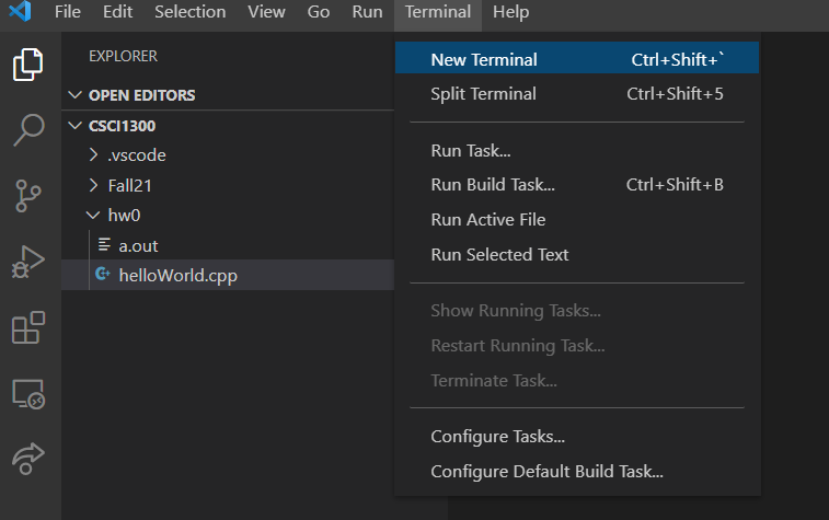 Top navigation terminal dropdown first option New Terminal highlighted in blue
