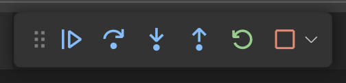 6 buttons first blue a vertical line followed be a trangle. second blue a dot with a arrow rotating along its top. third blue a dot with an arrow pointing down. forth blue a dot with an arrow pointing up. fifth green a left handed rotating arrow. sixth red a square