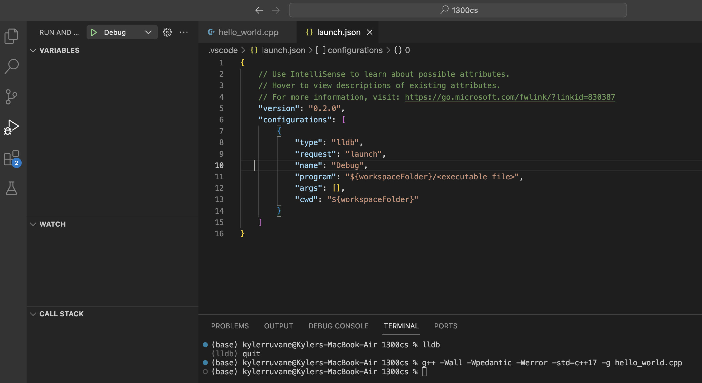 file lauch-dot-json is open and highlighted it begins with gree text Use IntelliSense to learn about possible attributes...