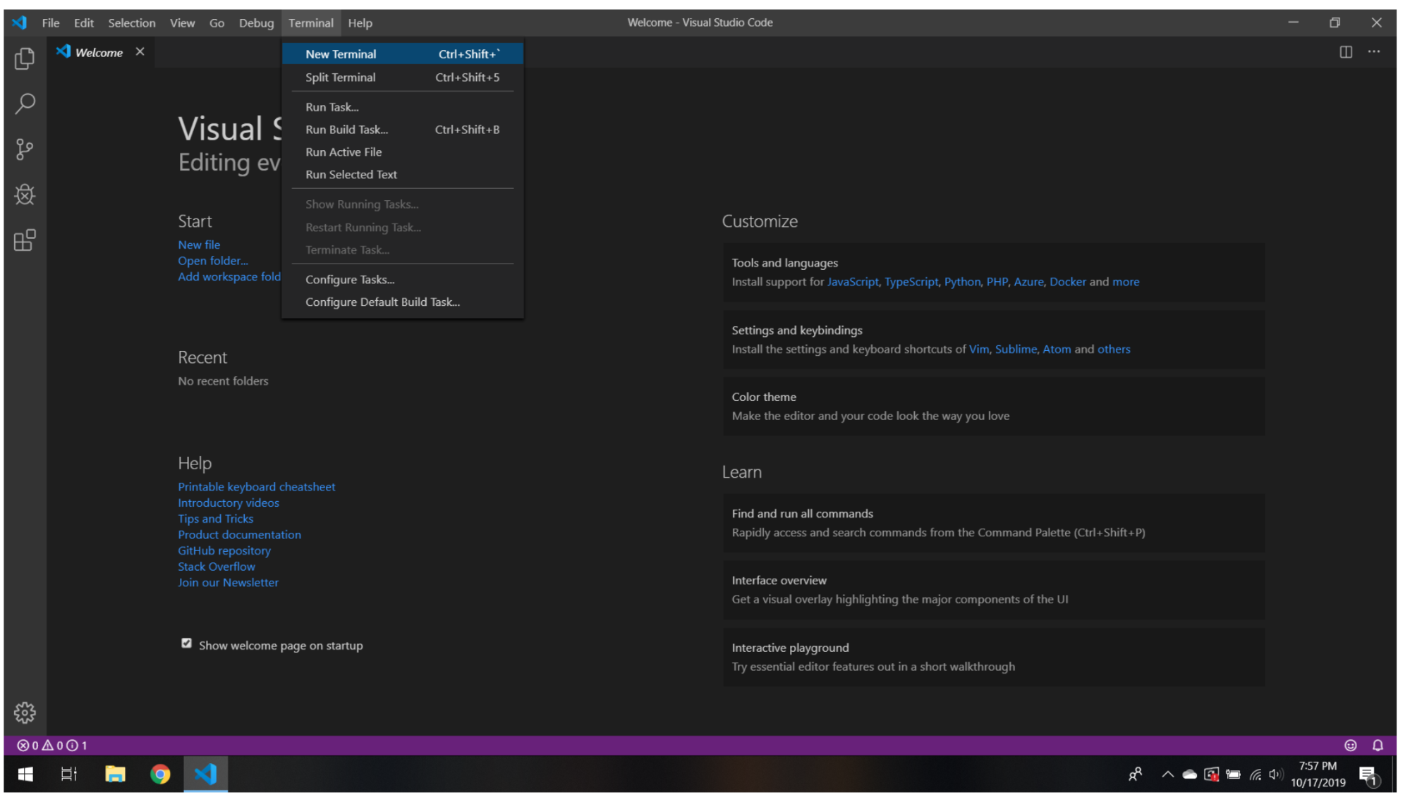 VSCode black with Terminal option from top navigation expanded