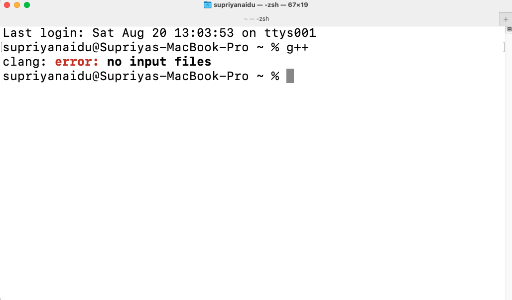 white terminal typed g++ and returned error