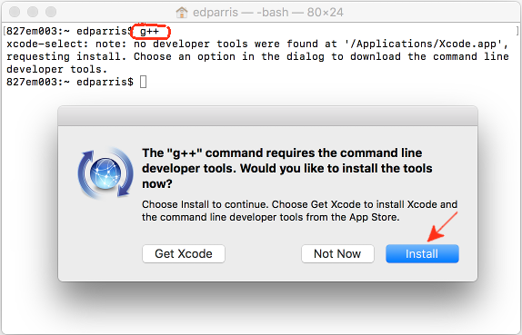 a white terminal overlaid with error box stating The `g++` commmand requires the command line developer tools.  install button is highlighted.