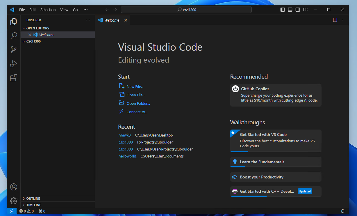 Black display sates Visual studio code followed by editing evolved. subheadings start, recent, recommended, walkthroughs