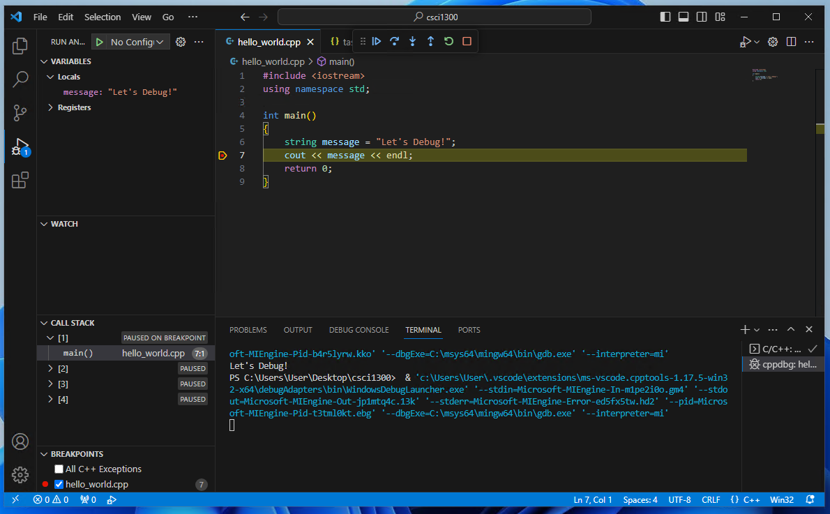 the line cout greater-than greater-than messages greater-than greater-than endl semi-colon is now highlighted