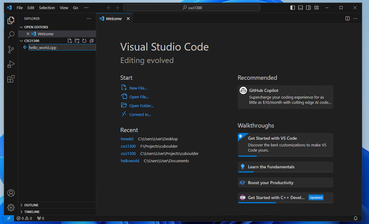 same image from previous step but hello_world.cpp is available and highlighted in the left dropdown