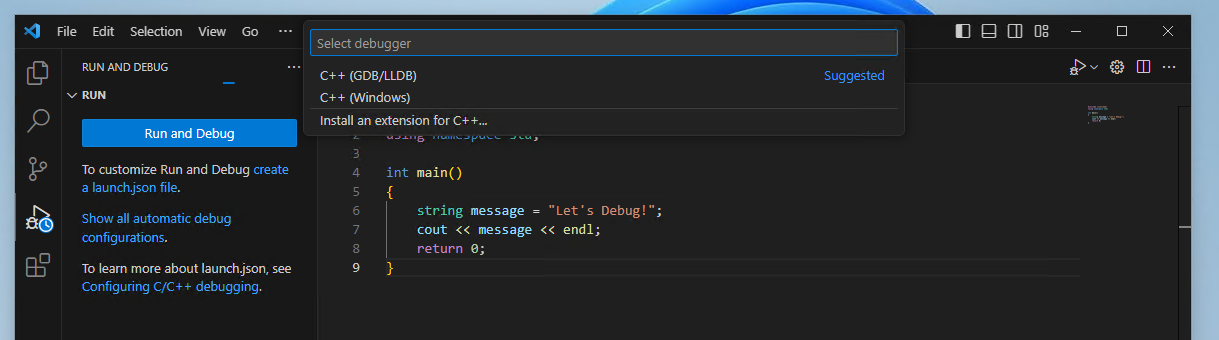 dropdown states C++ (GDB/LLDB) followed by C++(Windows)