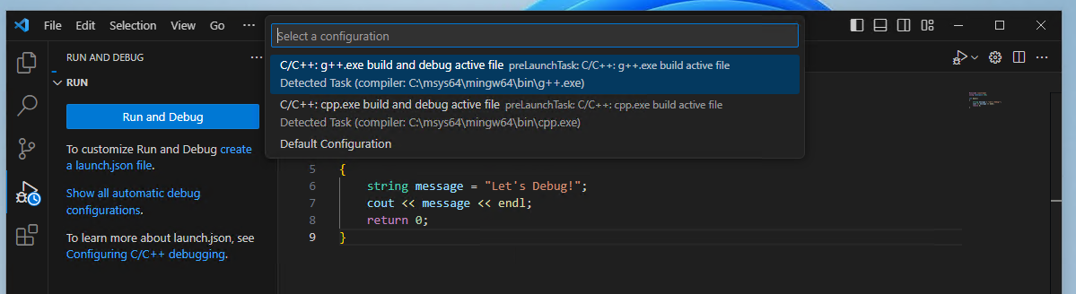 C/C++: g++.ege buiild and debug active file is highlighted in dropdown