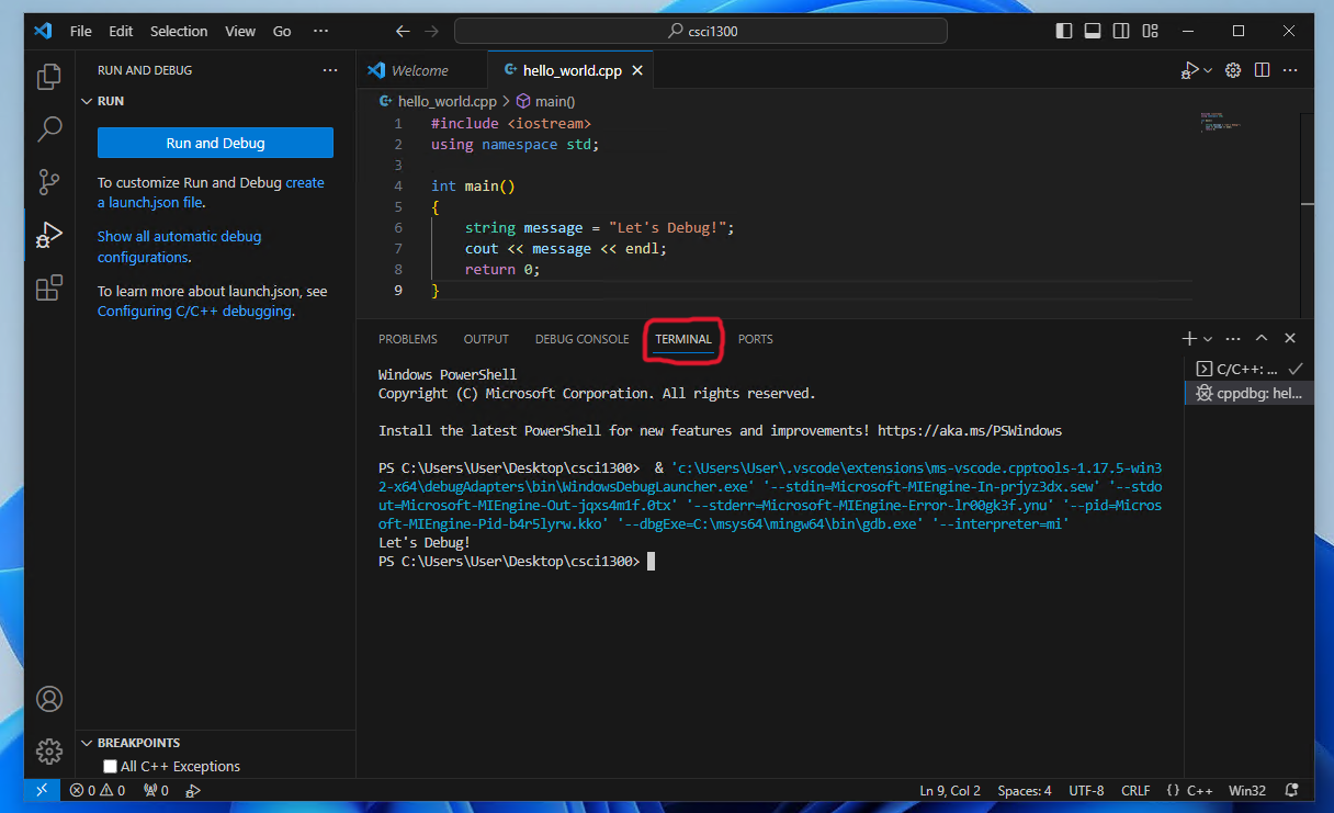 In the lower screen section red drawing boxes the word TERMINAL