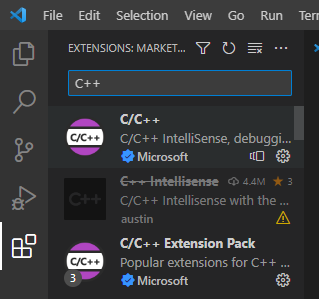 Far left bottom boxes plugin icon, shows C++ written into search bar